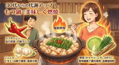もつ鍋を囲む男女と、代謝アップに繋がる食材（唐辛子、ニンニク、野菜）が描かれたイラスト。