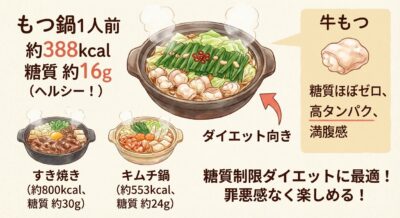 もつ鍋、すき焼き、キムチ鍋の栄養比較。もつ鍋は低カロリー・低糖質でダイエット向き。