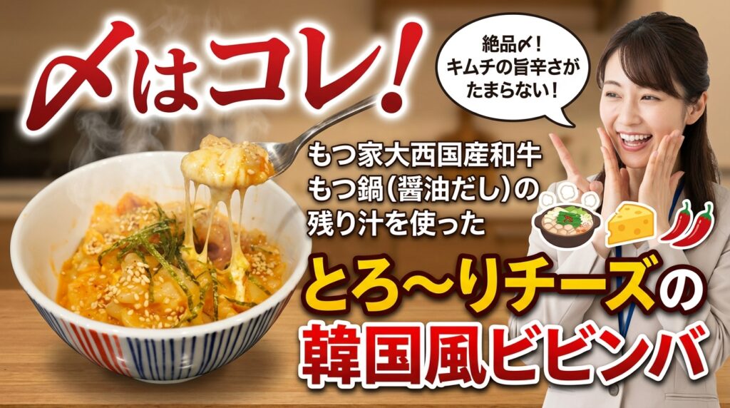 〆はコレ!もつ家大西国産和牛もつ鍋(醤油だし)の残り汁を使ったとろ〜りチーズの韓国風ビビンバ