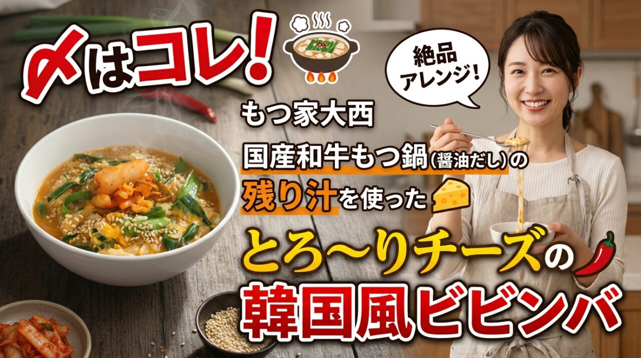 〆はコレ！もつ家大西国産和牛もつ鍋（醤油だし）の残り汁を使ったとろ〜りチーズの韓国風ビビンバ