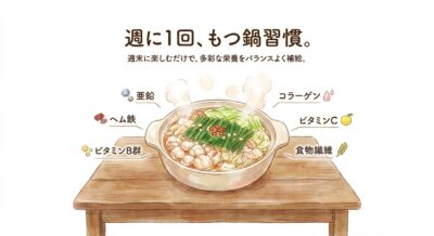 「体に良いのはわかったけど、毎日は食べられないし…」という方に提案したいのが、週に1回、もつ料理を取り入れる習慣です。
たとえば、週末にもつ鍋を楽しむだけでも、亜鉛やヘム鉄、ビタミンB群、コラーゲン