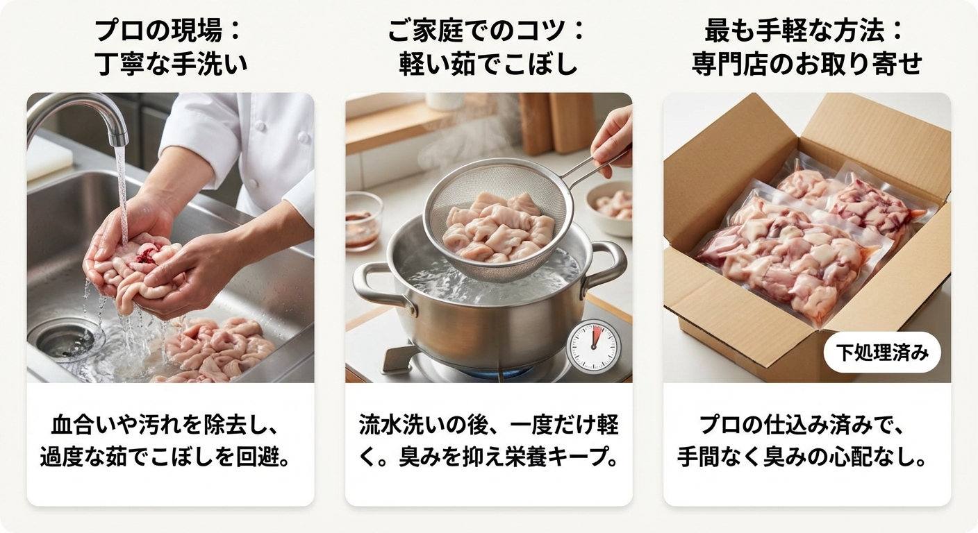 下処理で臭みを消しつつ、栄養はキープするコツ
ホルモン調理で多くの方が気にするのが「臭み」。下処理として茹でこぼしをする方も多いですが、実は茹でこぼしすぎるとビタミンB群などの水溶性ビタミンが流出し