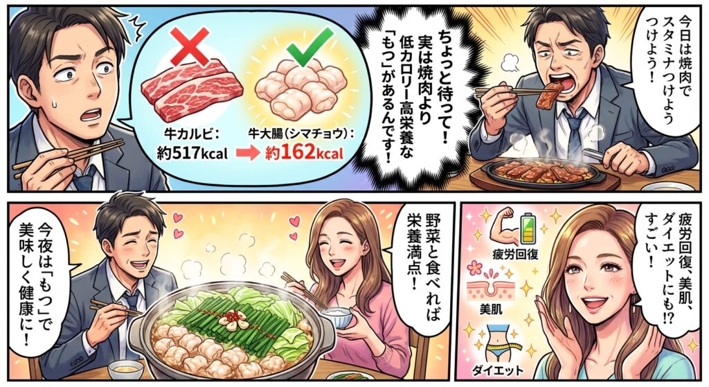 男性が焼肉を諦め、女性と野菜たっぷりのもつ鍋を囲んで健康的に食事を楽しんでいる様子