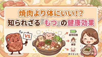 焼肉より体に良い「もつ」の健康効果を示すイラスト。疲労回復、美容、ダイエット効果が描かれている。