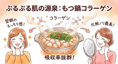 もつ鍋を食べると肌がプルプルになり、化粧ノリも良くなることを示すイラスト