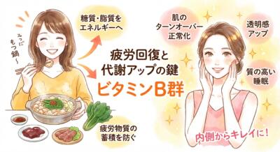 ビタミンB群は疲労回復と代謝アップの鍵。美容効果も期待できるイラスト。