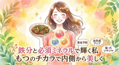 鉄分とミネラルで内側から美しくなるイメージ。笑顔の女性と栄養満点の料理。