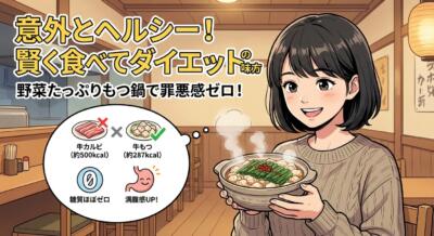 笑顔の女性がヘルシーなもつ鍋を持ち、ダイエット効果をアピールするイラスト