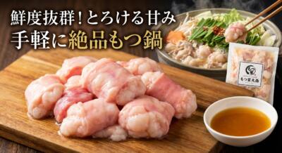 新鮮でとろけるような牛もつと、具材たっぷりのもつ鍋、タレが写った美味しそうな料理写真。