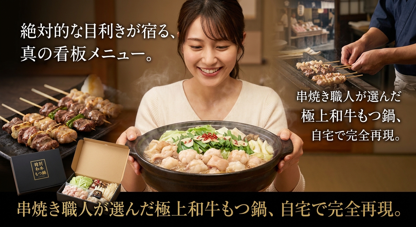 湯気の立つもつ鍋と焼き鳥のセット、笑顔の女性が鍋を持ち、背景には焼き鳥職人が調理する様子が映る
