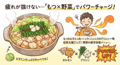 疲労回復にもつ鍋を食べる男性と、もつ鍋の具材、栄養素のキャラクターイラスト