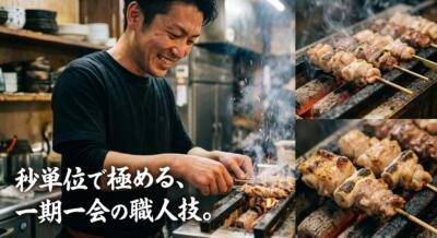 炭火で美味しそうに焼かれる焼き鳥と、笑顔で調理する職人