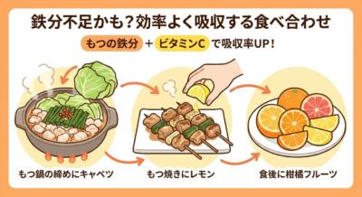 鉄分吸収を助ける食べ合わせ。もつ鍋にキャベツ、もつ焼きにレモン、食後に柑橘フルーツ。