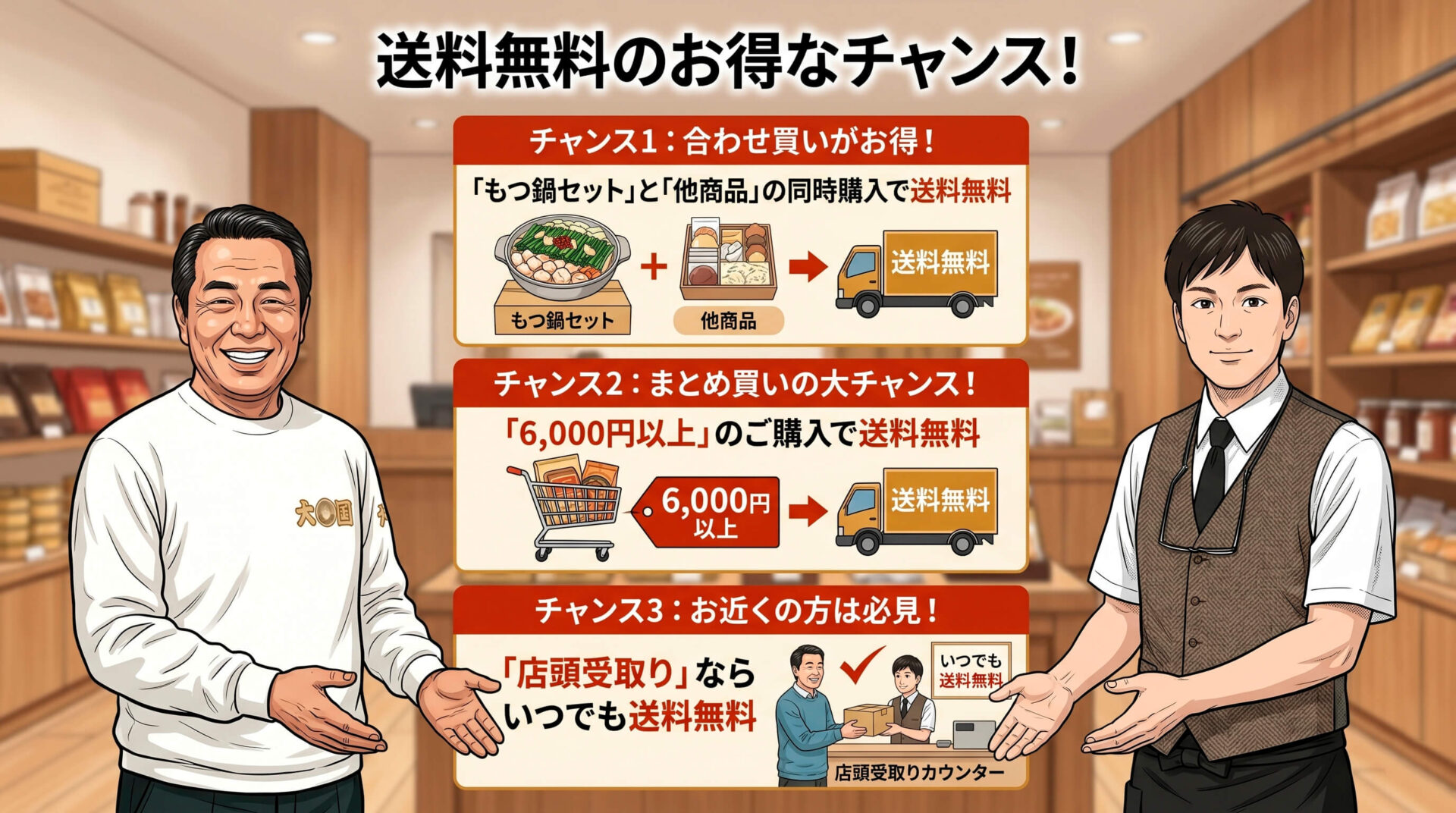 送料無料の3つの条件（合わせ買い、6,000円以上購入、店頭受取）を説明するキャラクター入りの告知画像。