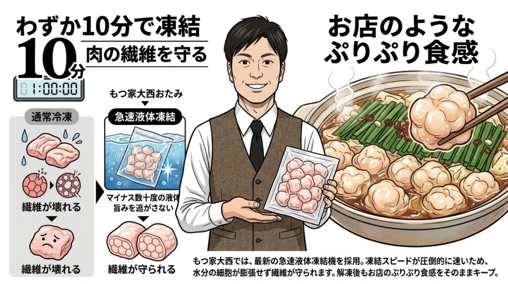 急速液体凍結技術で肉の繊維を保護し、美味しさを保つ仕組みを解説する説明図。