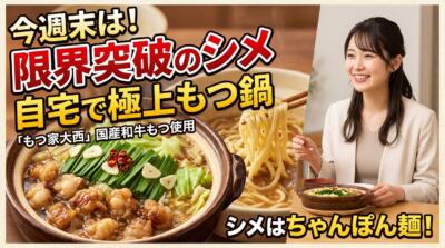 国産和牛もつ鍋とちゃんぽん麺のシメを前に、笑顔を見せる女性が写る広告画像。