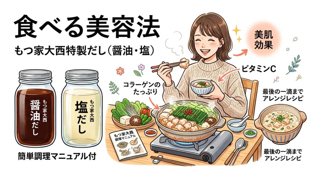もつ鍋を食べて喜ぶ女性と、醤油・塩だしボトル、調理マニュアルを描いた食べる美容法の広告イラスト。