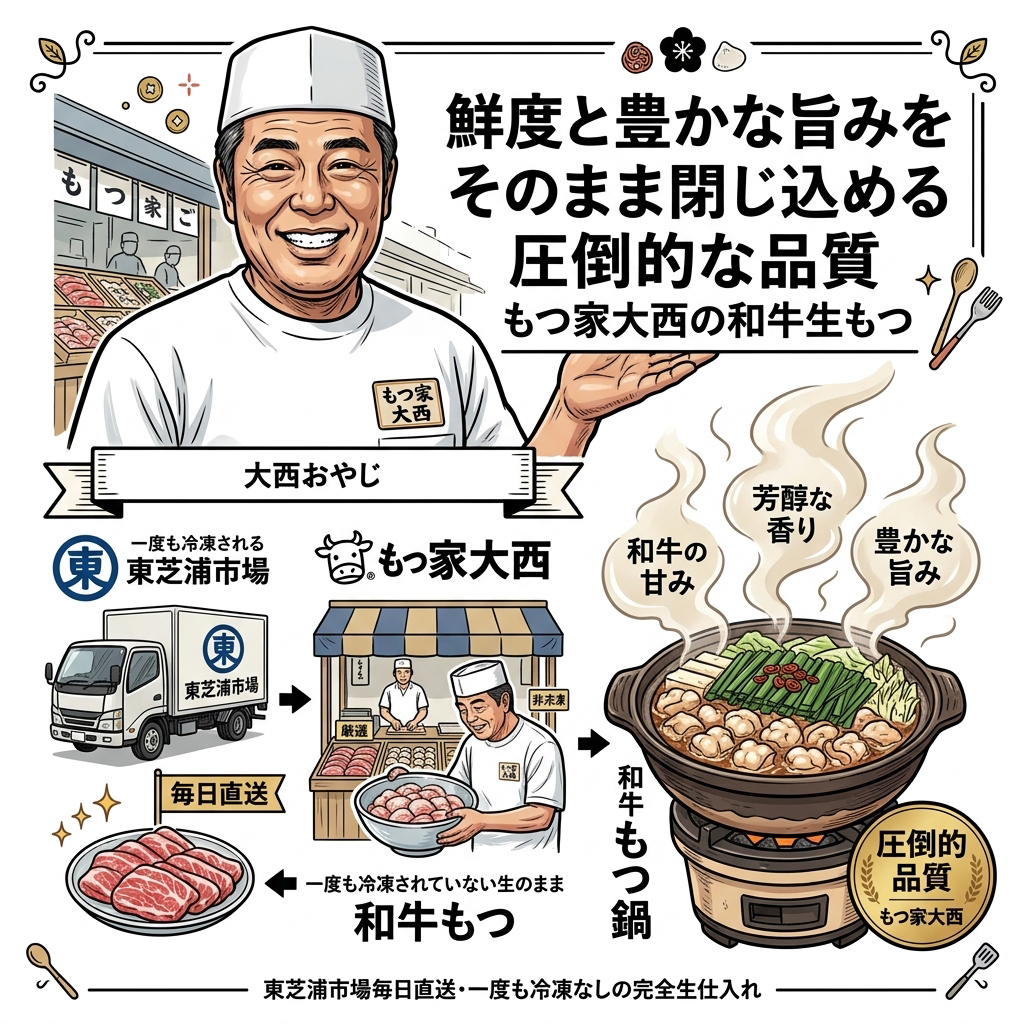 東芝浦市場から毎日直送される新鮮な和牛生もつと、それを使った美味しいもつ鍋を紹介する案内図。