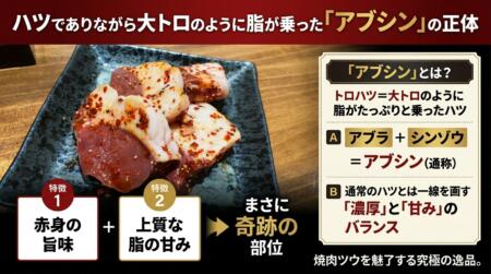 ハツでありながら大トロのように脂が乗った「アブシン」の正体
トロハツとは、その名の通り「大トロのように脂がたっぷりと乗ったハツ」のことです。焼肉ツウの間では「アブラ」と「シンゾウ」を組み合わせて「ア