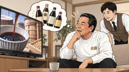 テレビの醤油映像を見ながら考える男性と説明する店員