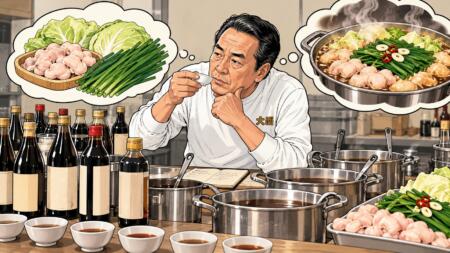 醤油だしの味見をする料理人ともつ鍋の具材