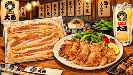 大衆居酒屋のテーブルに並ぶ焼肉盛り合わせ、生肉、ハイボール、枝豆、冷奴などの料理とメニュー札。