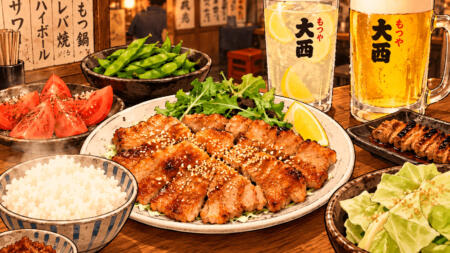 岩中ポークの豚バラ肉を使ったバラ味噌焼きと、枝豆・トマト・ビールが並ぶ居酒屋のテーブルのイラスト。