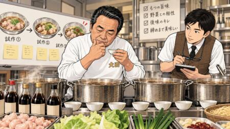 料理人がもつ鍋を味見し、助手が記録する厨房