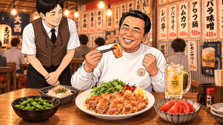 居酒屋で料理を楽しみ、笑顔で箸を持つ男性と、その背後に立つ店員が描かれたイラスト。