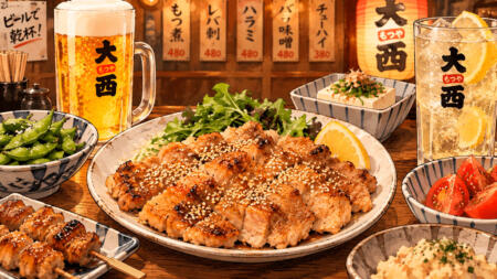 バラ味噌焼きなど豚肉の焼き物と、ビール・レモンサワー・枝豆の小鉢が並ぶ食卓のイラスト。