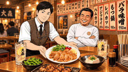 完成したバラ味噌焼きを若い男性店員が提供し、横で会長が笑顔で見守る漫画風のイラスト。