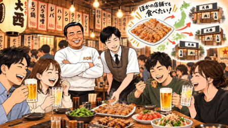 バラ味噌焼きを笑顔で楽しむお客様と店員、右上に日本地図で店舗展開を示したイラスト。